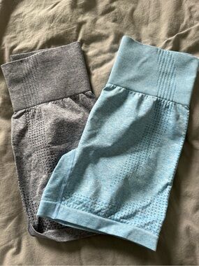 Kids Seamless Ribbed Waistband Shorts - Gray & Light Blue